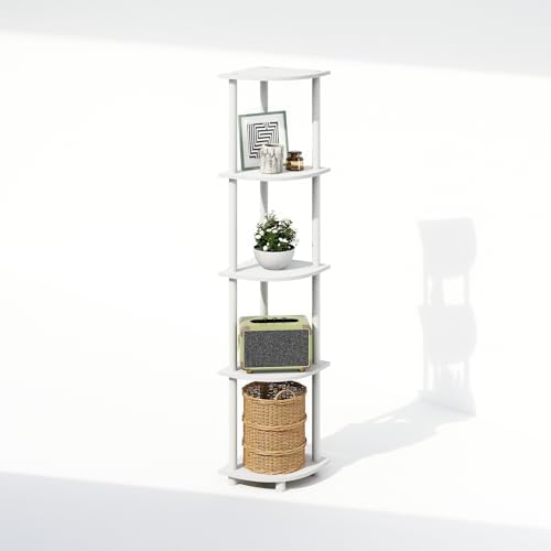 Furinno Turn-N-Tube Toolless Assembly 5-Tier Storage Shelves, White | Corner Shelf, Open Storage Book Shelf, for Organization and Storage, Living Room, Home Office, Bedroom