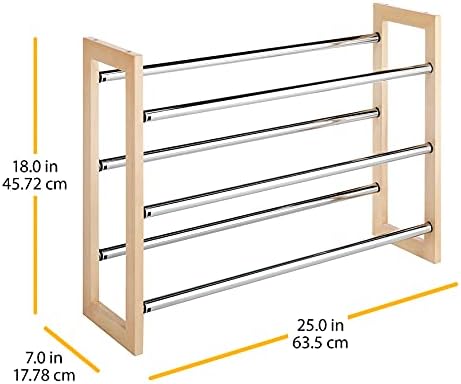Whitmor 3 Tier Expandable Shoe Rack -Stackable - Natural Wood and Chrome