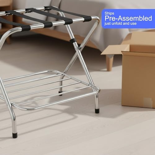 USTECH Double-Tier Luggage Rack – Foldable Suitcase Stand with Lower Shelf, Easy Assembly Metal Frame for Guest Room, Bedroom, Hotel, or Closet Storage