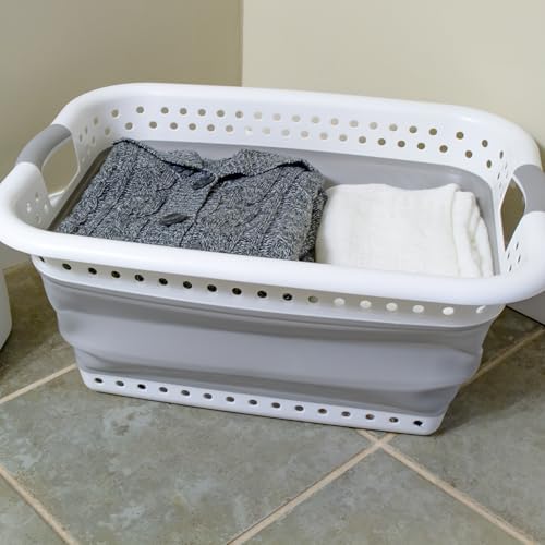 Camco Collapsible Laundry Basket, Large, White/Gray - Pop Open Waterproof Plastic Bin with Handles for Home, Dorm, RV Storage | 18 x 24 in, collapses to 3.2 in tall, expands to 10.5 in, white and gray plastic for home, dorm and RV storage