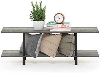 Furinno Turn-N-Tube 2-Tier Multipurpose Wide Shelf, French Oak Grey/Black | Wide Accent Display Shelf, Open Shelves, Round Tubes, for Organization and Storage, Living Room, Garage, Home Office