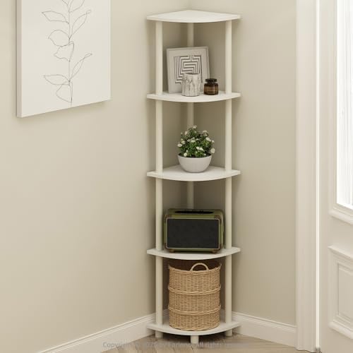 Furinno Turn-N-Tube Toolless Assembly 5-Tier Storage Shelves, White | Corner Shelf, Open Storage Book Shelf, for Organization and Storage, Living Room, Home Office, Bedroom