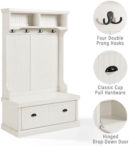 Crosley Furniture Seaside Hall Tree with Shoe Rack Bench and Coat Hooks for Hanging Storage, Distressed White