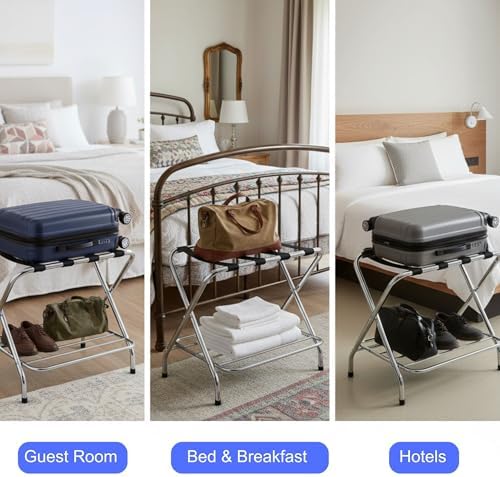 USTECH Double-Tier Luggage Rack – Foldable Suitcase Stand with Lower Shelf, Easy Assembly Metal Frame for Guest Room, Bedroom, Hotel, or Closet Storage