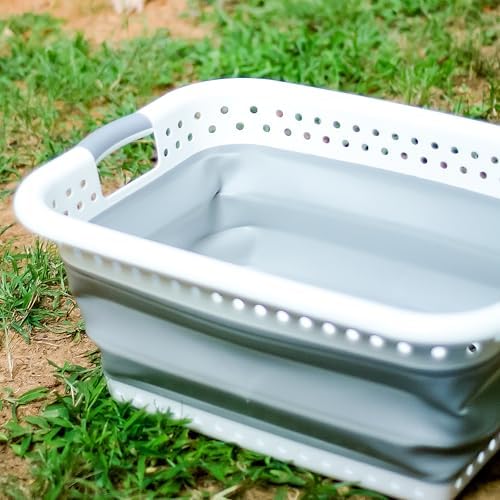 Camco Collapsible Laundry Basket, Large, White/Gray - Pop Open Waterproof Plastic Bin with Handles for Home, Dorm, RV Storage | 18 x 24 in, collapses to 3.2 in tall, expands to 10.5 in, white and gray plastic for home, dorm and RV storage