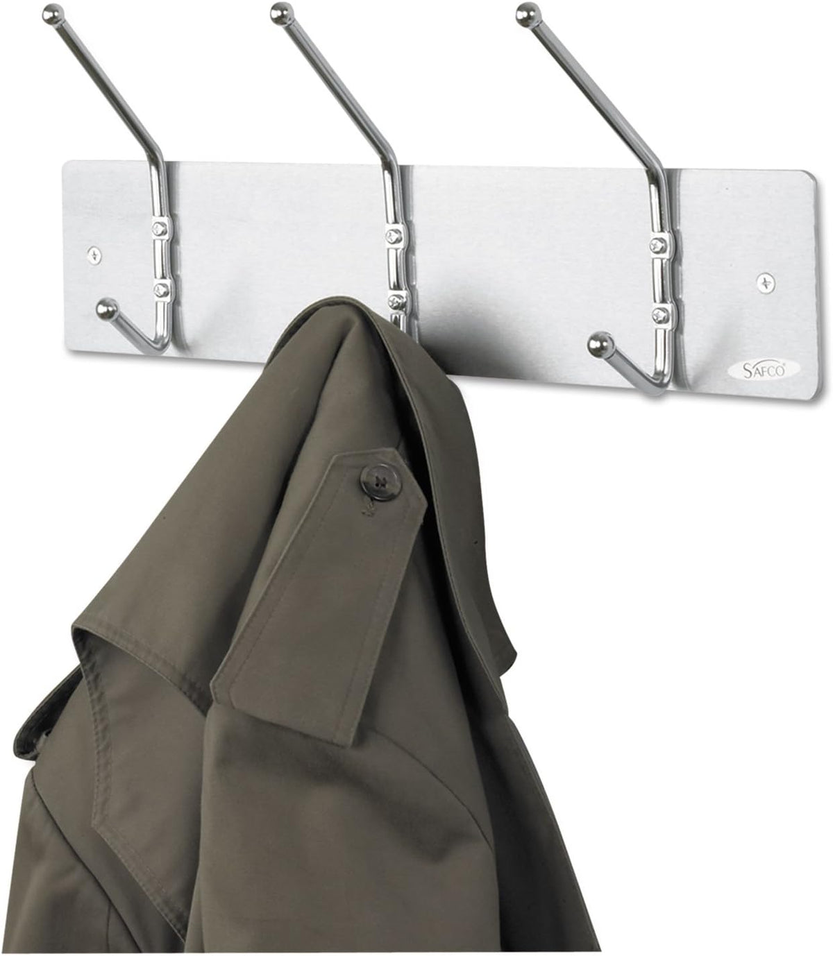 Safco Wall Mount Coat Rack, 6-Hooks for Hanging Coats, Purses, Bags, Umbrellas, for Hallways and Entryways, Black and Satin Aluminum