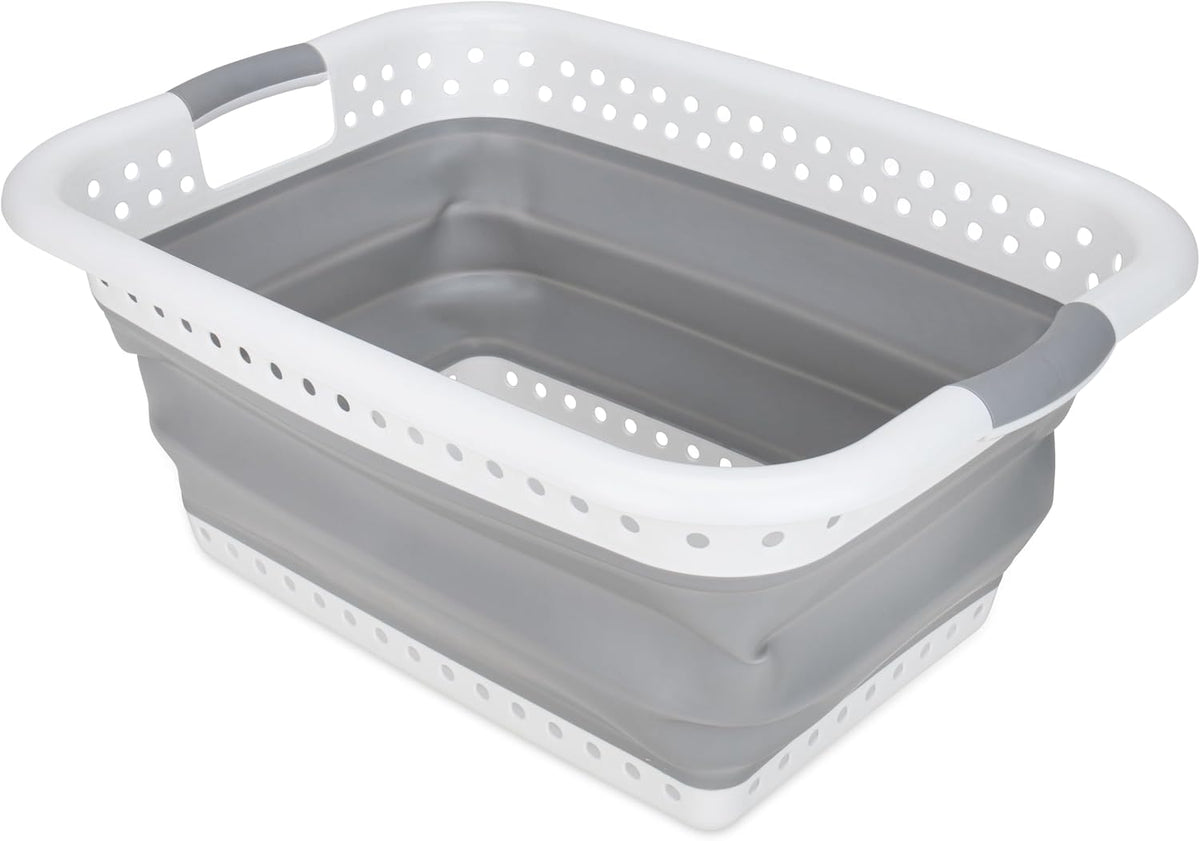 Camco Collapsible Laundry Basket, Large, White/Gray - Pop Open Waterproof Plastic Bin with Handles for Home, Dorm, RV Storage | 18 x 24 in, collapses to 3.2 in tall, expands to 10.5 in, white and gray plastic for home, dorm and RV storage