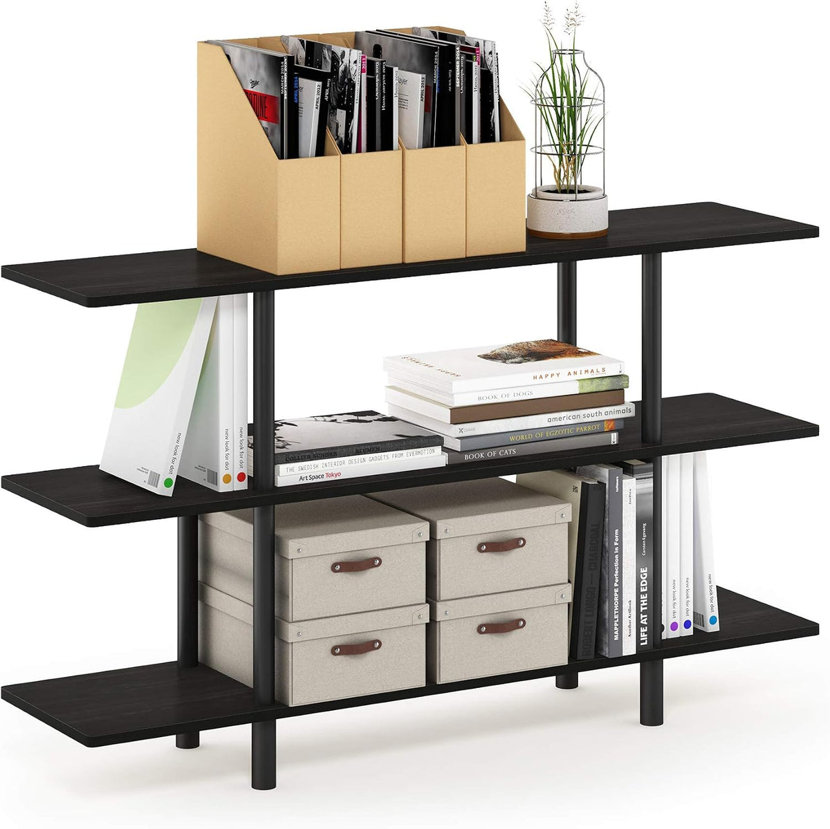 Furinno Turn-N-Tube 2-Tier Multipurpose Wide Shelf, French Oak Grey/Black | Wide Accent Display Shelf, Open Shelves, Round Tubes, for Organization and Storage, Living Room, Garage, Home Office