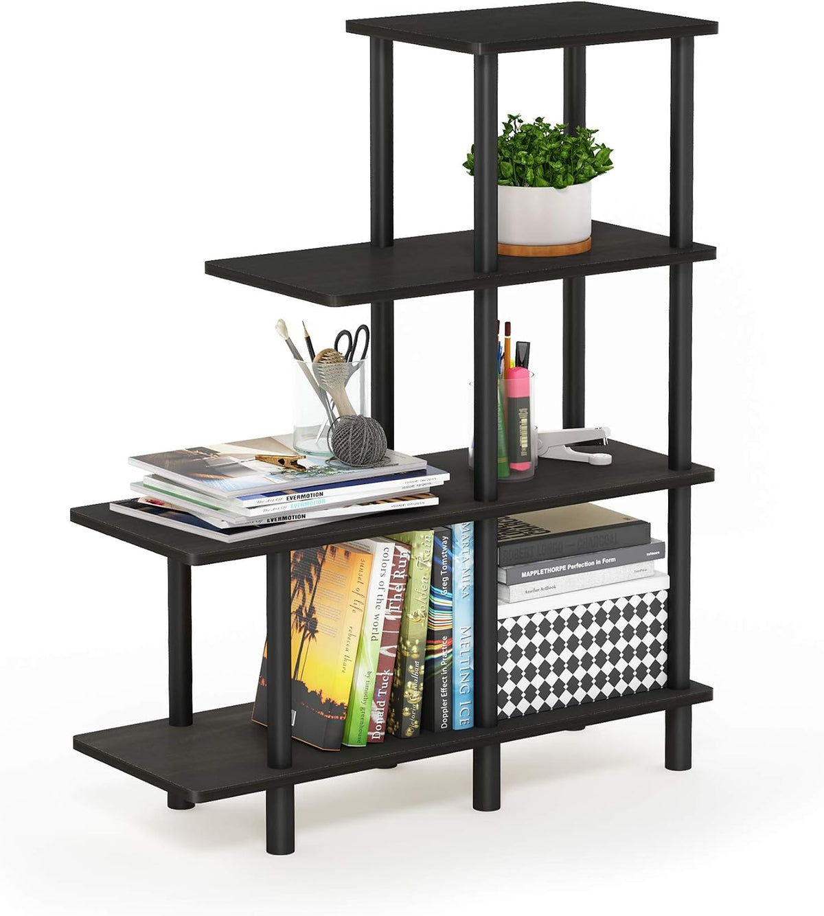 Furinno Turn-N-Tube 2-Tier Multipurpose Wide Shelf, French Oak Grey/Black | Wide Accent Display Shelf, Open Shelves, Round Tubes, for Organization and Storage, Living Room, Garage, Home Office