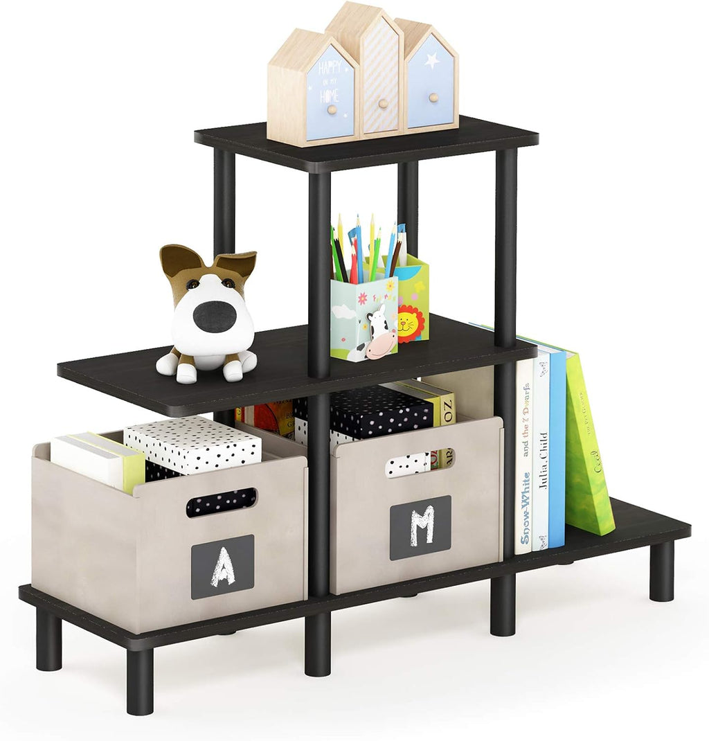 Furinno Turn-N-Tube 2-Tier Multipurpose Wide Shelf, French Oak Grey/Black | Wide Accent Display Shelf, Open Shelves, Round Tubes, for Organization and Storage, Living Room, Garage, Home Office