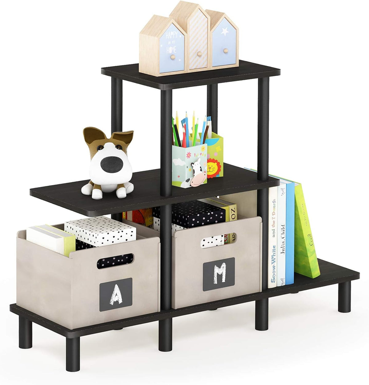 Furinno Turn-N-Tube 2-Tier Multipurpose Wide Shelf, French Oak Grey/Black | Wide Accent Display Shelf, Open Shelves, Round Tubes, for Organization and Storage, Living Room, Garage, Home Office