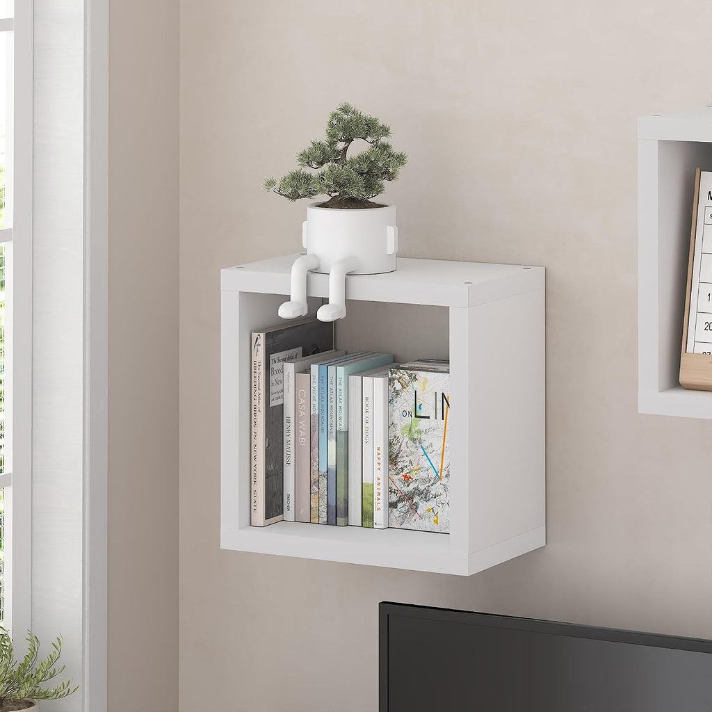 Furinno Cubicle Floating Shelves for Wall, Cube Wall Shelf, Extra Thick Wall Mounted Book Shelf, Single, 16" x 16" x 9.8", for Bathroom, Bedroom, Living Room, White
