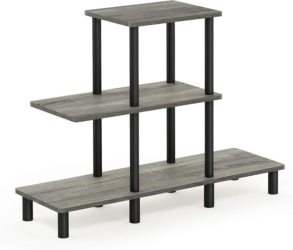 Furinno Turn-N-Tube 2-Tier Multipurpose Wide Shelf, French Oak Grey/Black | Wide Accent Display Shelf, Open Shelves, Round Tubes, for Organization and Storage, Living Room, Garage, Home Office