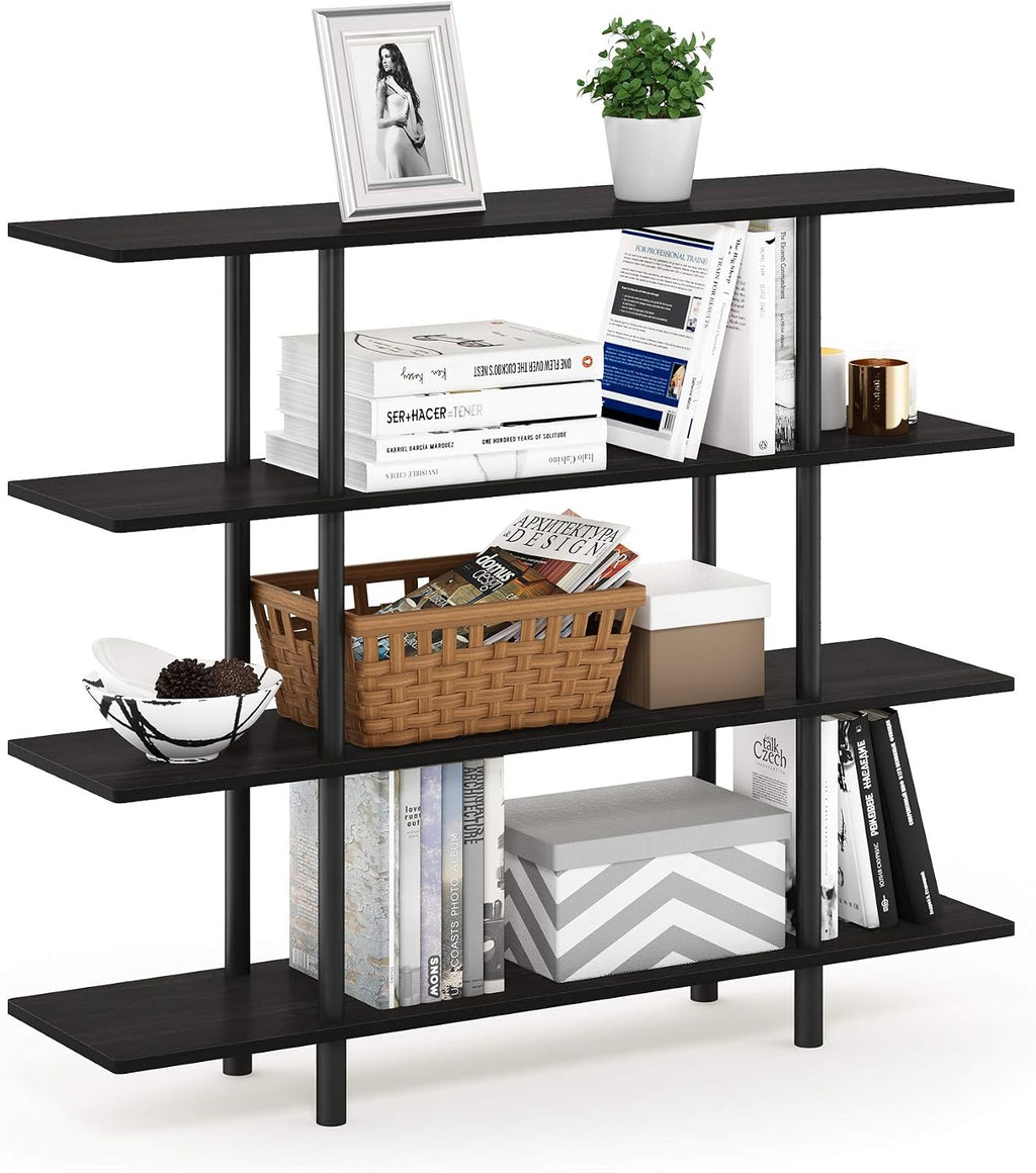 Furinno Turn-N-Tube 2-Tier Multipurpose Wide Shelf, French Oak Grey/Black | Wide Accent Display Shelf, Open Shelves, Round Tubes, for Organization and Storage, Living Room, Garage, Home Office