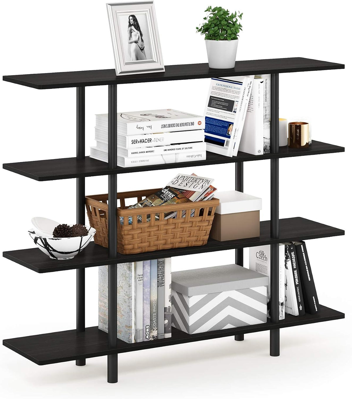 Furinno Turn-N-Tube 2-Tier Multipurpose Wide Shelf, French Oak Grey/Black | Wide Accent Display Shelf, Open Shelves, Round Tubes, for Organization and Storage, Living Room, Garage, Home Office
