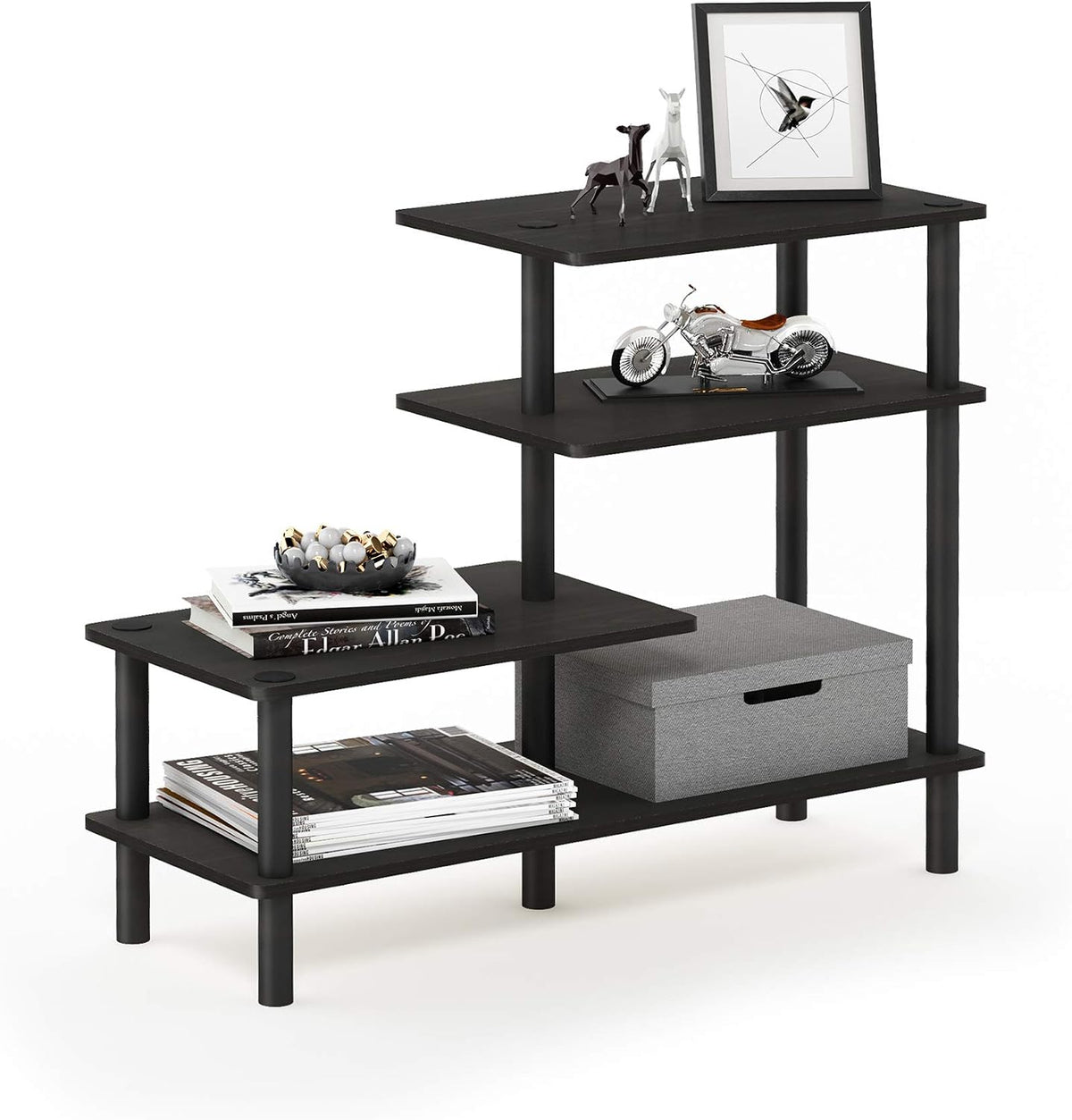 Furinno Turn-N-Tube 2-Tier Multipurpose Wide Shelf, French Oak Grey/Black | Wide Accent Display Shelf, Open Shelves, Round Tubes, for Organization and Storage, Living Room, Garage, Home Office