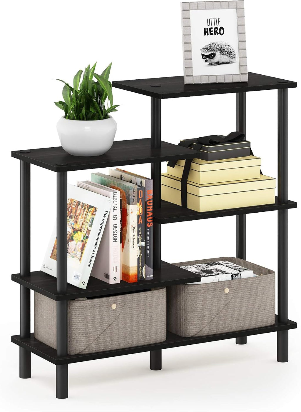 Furinno Turn-N-Tube 2-Tier Multipurpose Wide Shelf, French Oak Grey/Black | Wide Accent Display Shelf, Open Shelves, Round Tubes, for Organization and Storage, Living Room, Garage, Home Office