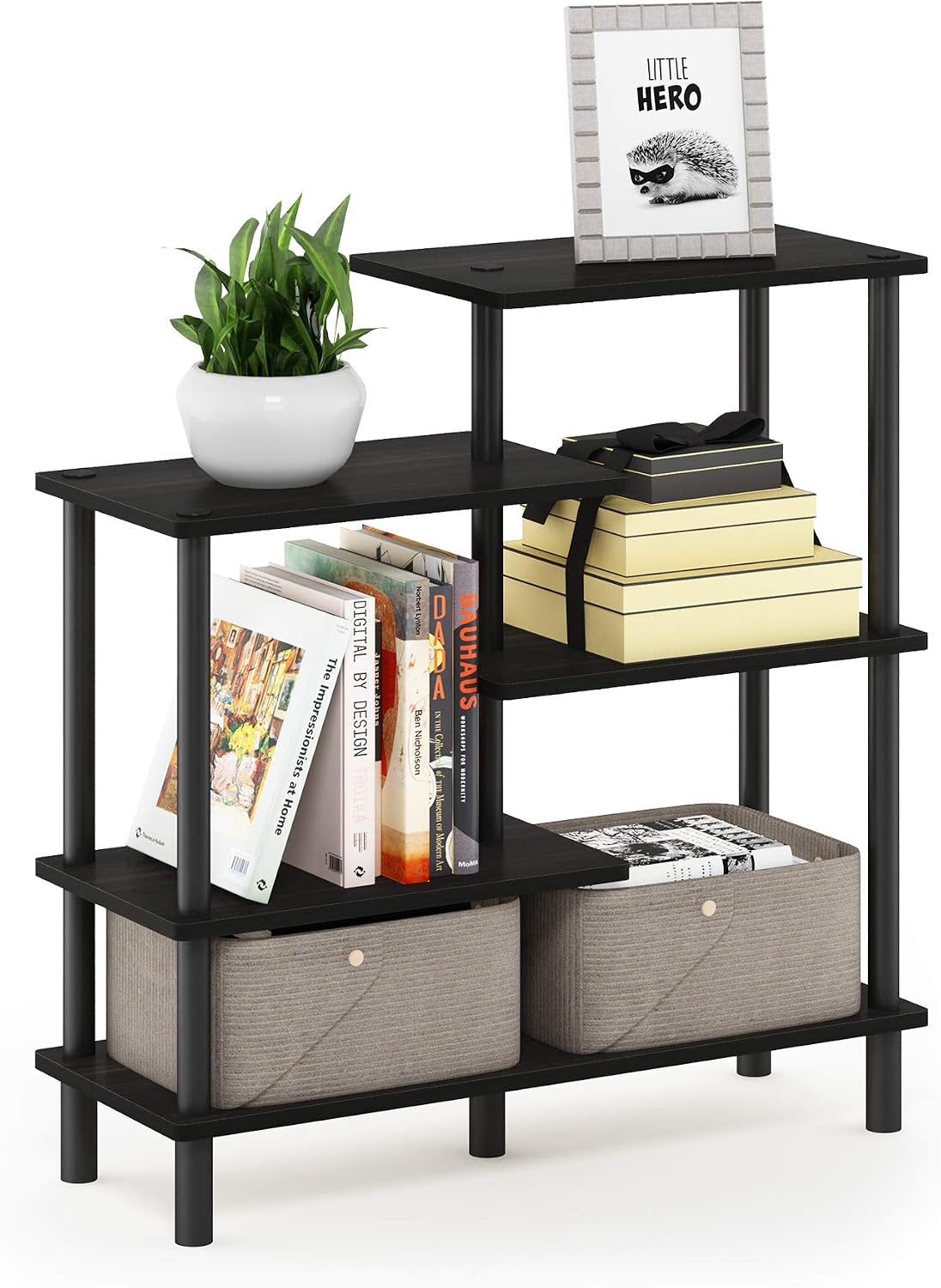 Furinno Turn-N-Tube 2-Tier Multipurpose Wide Shelf, French Oak Grey/Black | Wide Accent Display Shelf, Open Shelves, Round Tubes, for Organization and Storage, Living Room, Garage, Home Office