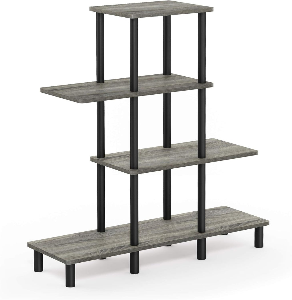 Furinno Turn-N-Tube 2-Tier Multipurpose Wide Shelf, French Oak Grey/Black | Wide Accent Display Shelf, Open Shelves, Round Tubes, for Organization and Storage, Living Room, Garage, Home Office