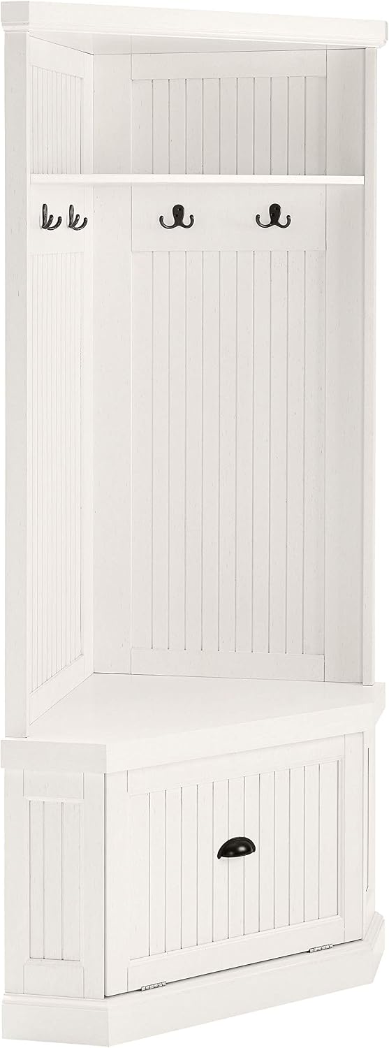 Crosley Furniture Seaside Hall Tree with Shoe Rack Bench and Coat Hooks for Hanging Storage, Distressed White