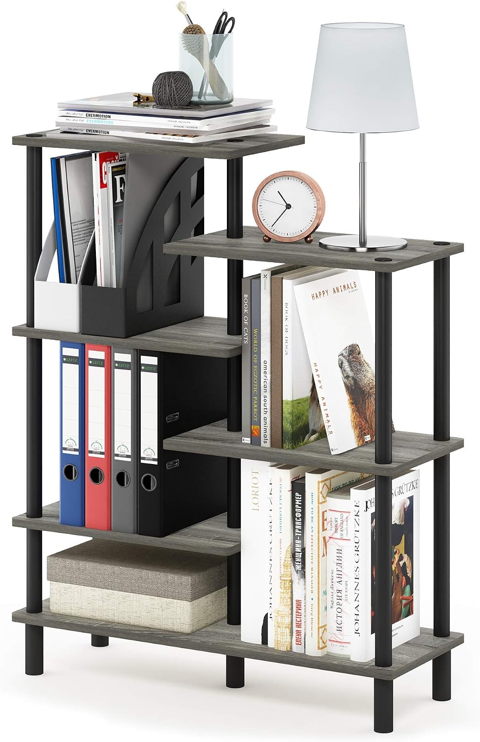 Furinno Turn-N-Tube 2-Tier Multipurpose Wide Shelf, French Oak Grey/Black | Wide Accent Display Shelf, Open Shelves, Round Tubes, for Organization and Storage, Living Room, Garage, Home Office