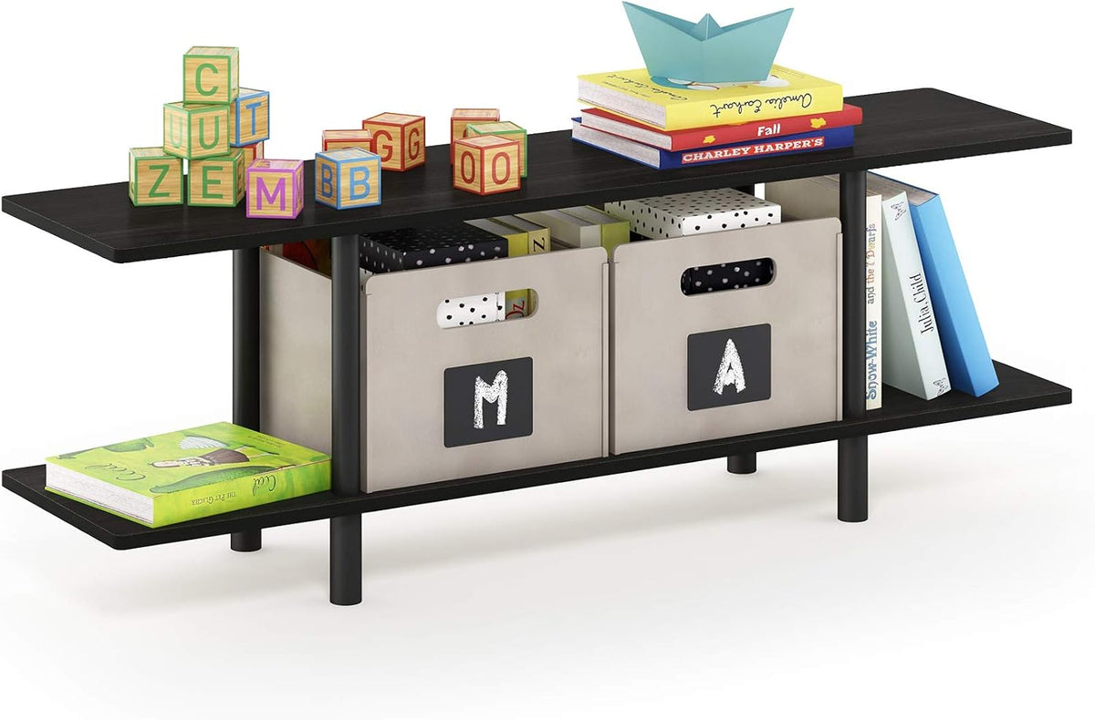 Furinno Turn-N-Tube 2-Tier Multipurpose Wide Shelf, French Oak Grey/Black | Wide Accent Display Shelf, Open Shelves, Round Tubes, for Organization and Storage, Living Room, Garage, Home Office