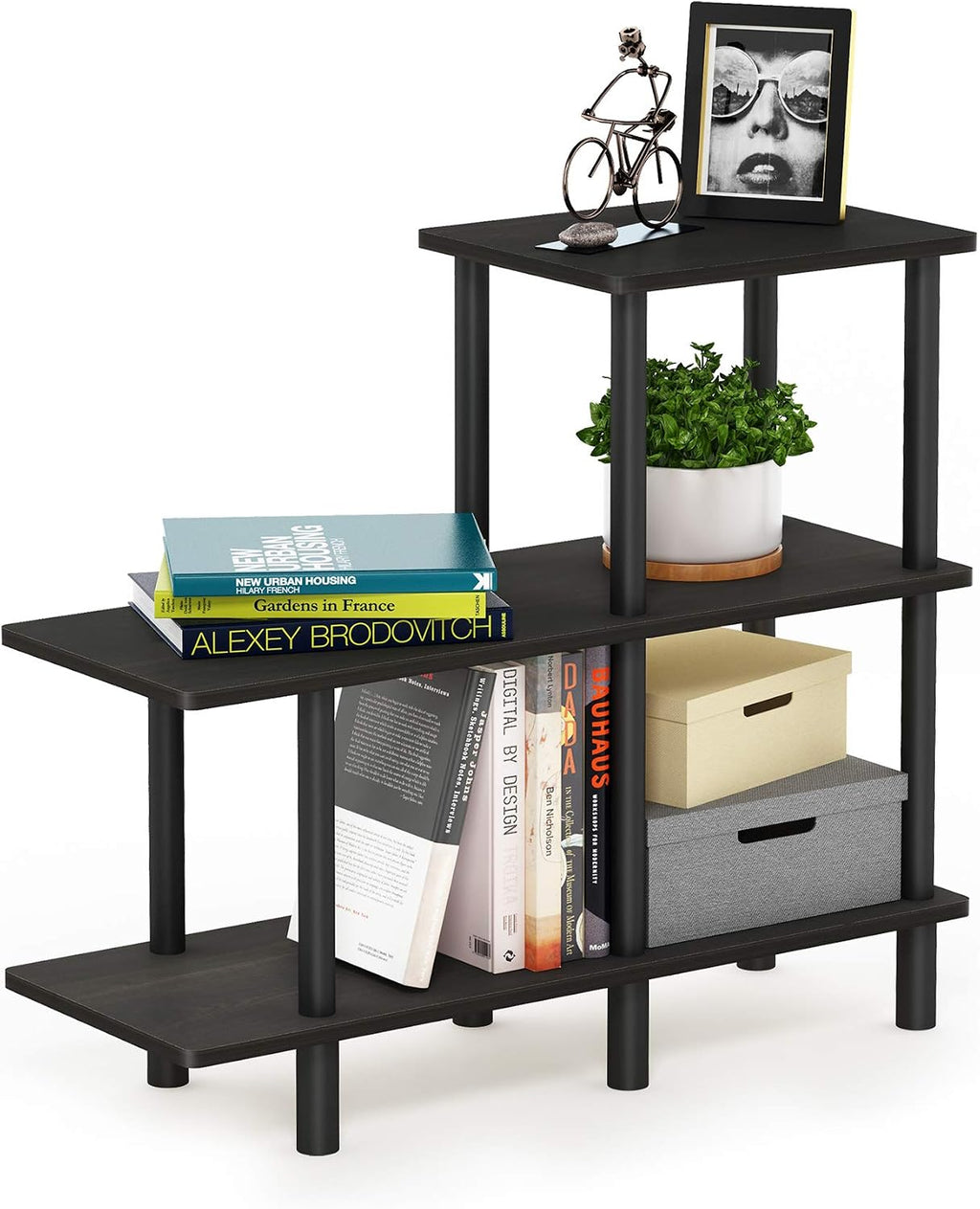 Furinno Turn-N-Tube 2-Tier Multipurpose Wide Shelf, French Oak Grey/Black | Wide Accent Display Shelf, Open Shelves, Round Tubes, for Organization and Storage, Living Room, Garage, Home Office