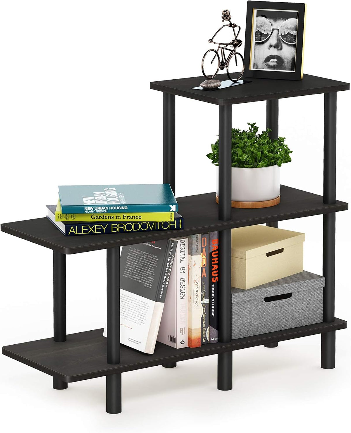 Furinno Turn-N-Tube 2-Tier Multipurpose Wide Shelf, French Oak Grey/Black | Wide Accent Display Shelf, Open Shelves, Round Tubes, for Organization and Storage, Living Room, Garage, Home Office