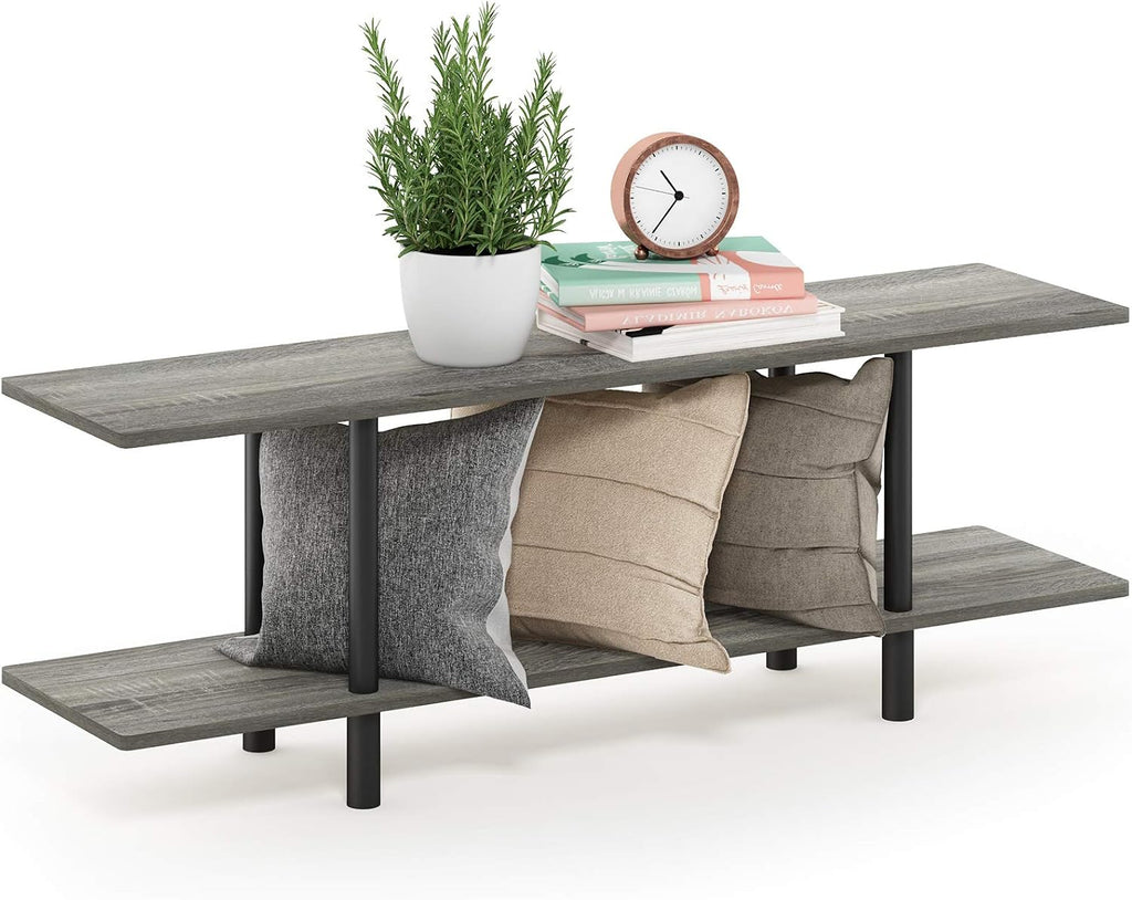 Furinno Turn-N-Tube 2-Tier Multipurpose Wide Shelf, French Oak Grey/Black | Wide Accent Display Shelf, Open Shelves, Round Tubes, for Organization and Storage, Living Room, Garage, Home Office