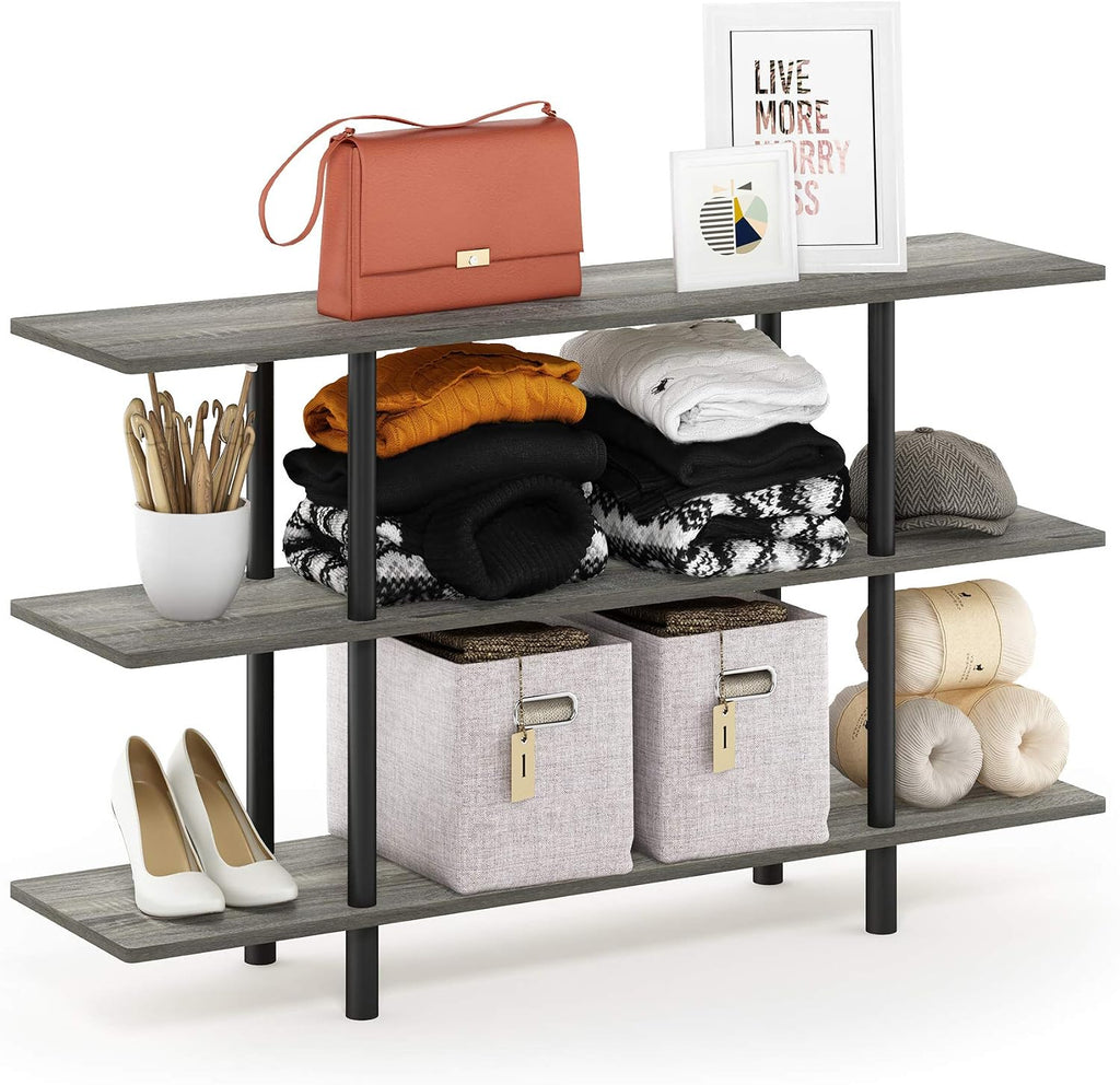 Furinno Turn-N-Tube 2-Tier Multipurpose Wide Shelf, French Oak Grey/Black | Wide Accent Display Shelf, Open Shelves, Round Tubes, for Organization and Storage, Living Room, Garage, Home Office