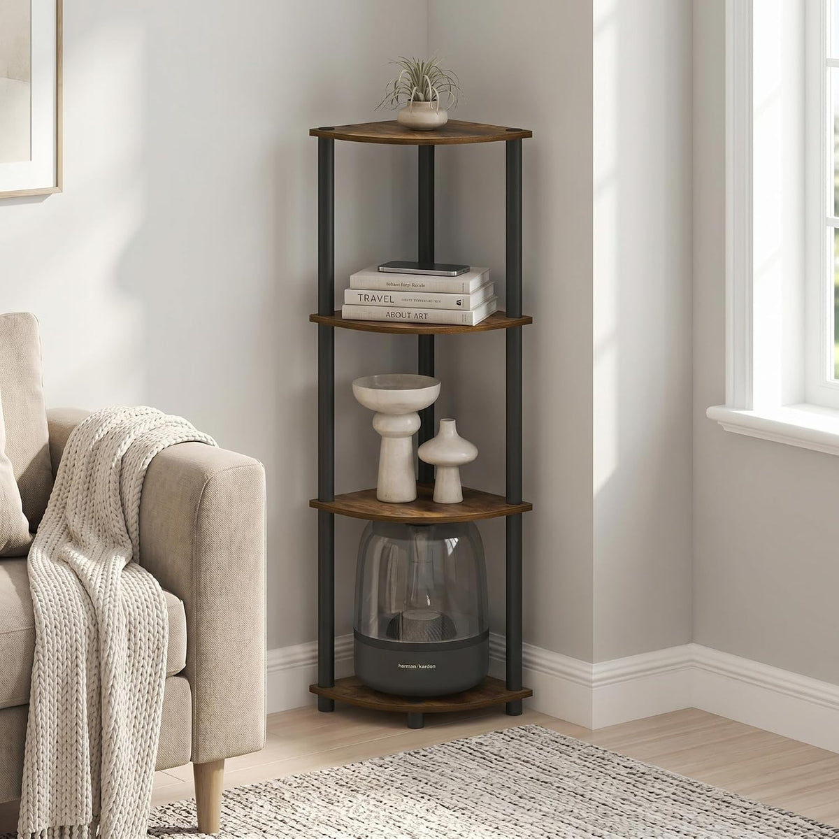 Furinno Turn-N-Tube Toolless Assembly 5-Tier Storage Shelves, White | Corner Shelf, Open Storage Book Shelf, for Organization and Storage, Living Room, Home Office, Bedroom