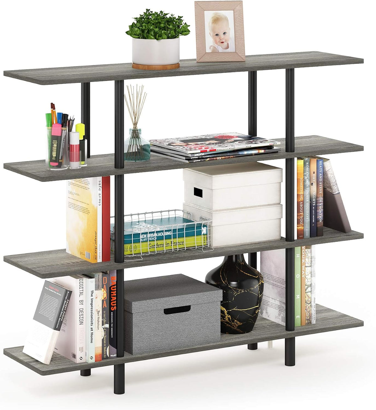 Furinno Turn-N-Tube 2-Tier Multipurpose Wide Shelf, French Oak Grey/Black | Wide Accent Display Shelf, Open Shelves, Round Tubes, for Organization and Storage, Living Room, Garage, Home Office
