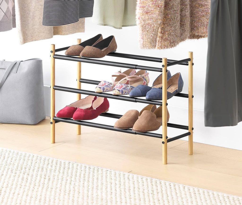 Whitmor 3 Tier Expandable Shoe Rack -Stackable - Natural Wood and Chrome