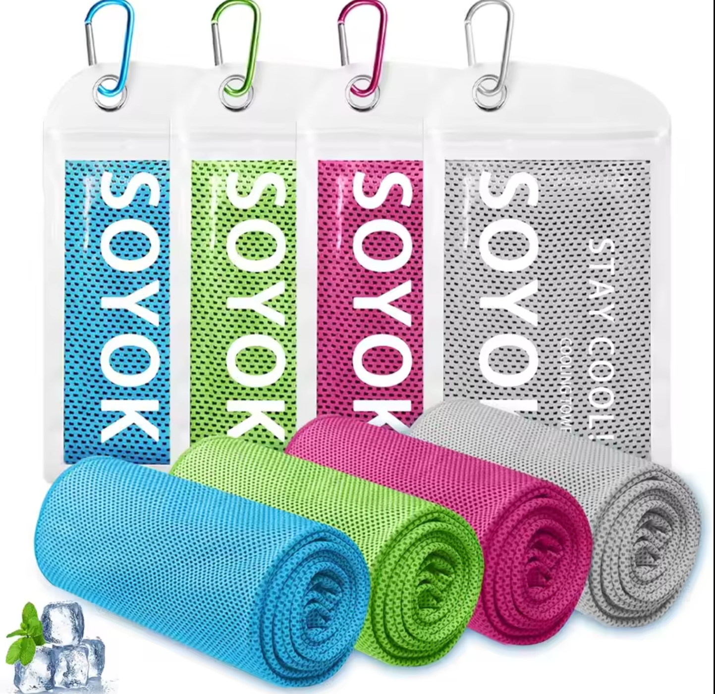 4-Pack Cooling Towels, 40x12 Inches Microfiber for Neck & Face, Soft Gym Towel with Waterproof Bag & Carabiner